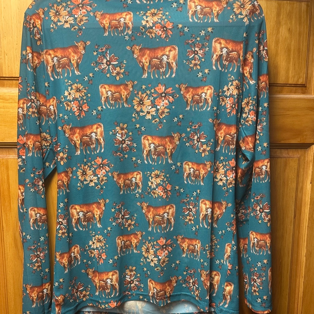 Sterling Kreek Mesh Teal Long Sleeve Top with Cow and Floral Print